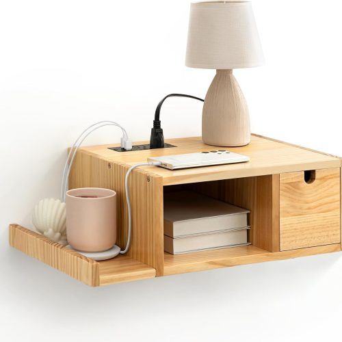 Floating Nightstand with Charging Station, Wall Mount Night Stand with Drawer Hanging Bedside Table End Table, Solid Wood Modern Side Table Shelf for Bedroom Natural Wooden Decor
