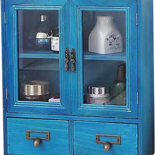 Rustic Vintage Mini Wood Counter Top Cabinet,Display Case with Organic Glass Door,Wall Storage Cabinet, That Sits on Countertop-Floating Shelf Organization12 x4.7"x14"(Blue)