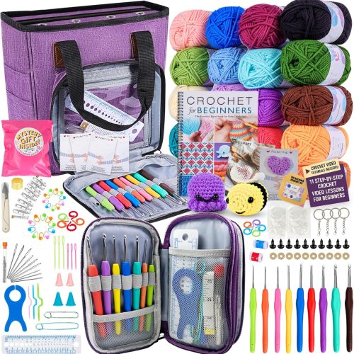 Deluxe Beginner Crochet Kit – 116-Piece Set with 20 Yarns, Ergonomic Hooks, Accessories, Book for Beginners & Online Tutorial – DIY Starter Kit for Adults & Kids with Purple Bag & Case
