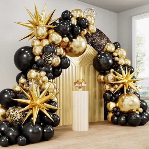 140pcs Black and Gold Balloons, Black Metallic Gold Confetti Star Latex Balloons 5 10 12 18 Inch for 2025 Graduation Class Decorations Birthday Retirement Wedding Anniversary Party Decorations