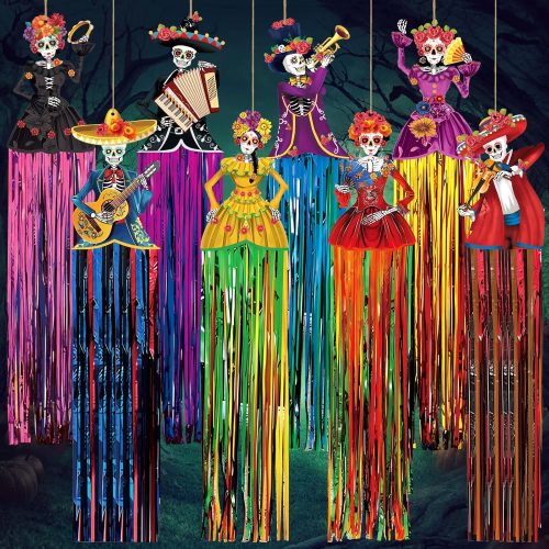 8 Pcs Day of The Dead Sugar Skull Hanging Decorations Outdoor Dia De Los Muertos Party Decorations with Tassels Mexican Day of The Dead Halloween Decor with Glue Points