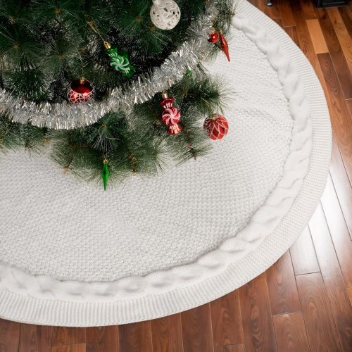 White Christmas Tree Skirt, 36 Inch Knitted Tree Skirt for 4-6 Ft Christmas Tree Luxury Knitted Thick Rustic Tree Skirt Xmas Decoration, Small Christmas Tree Skirt Decor for Pencil Christmas Tree
