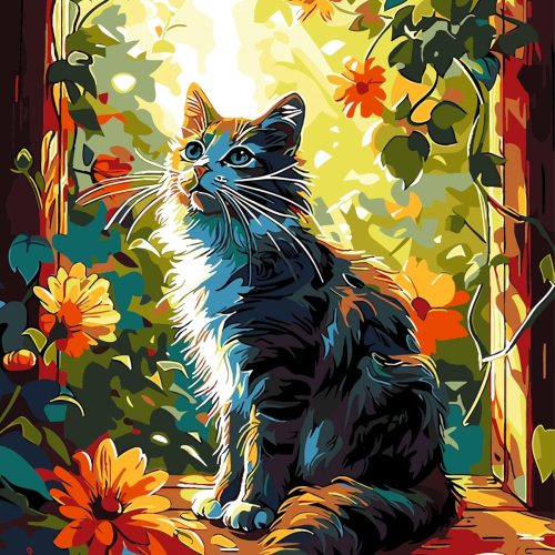 Cat Paint by Numbers Kit for Adults,Animal Cat Paint by Number Kit Canvas, DIY Window Flower Paint by Numbers Easy for Living Room Decor Gift 16x20 Inch
