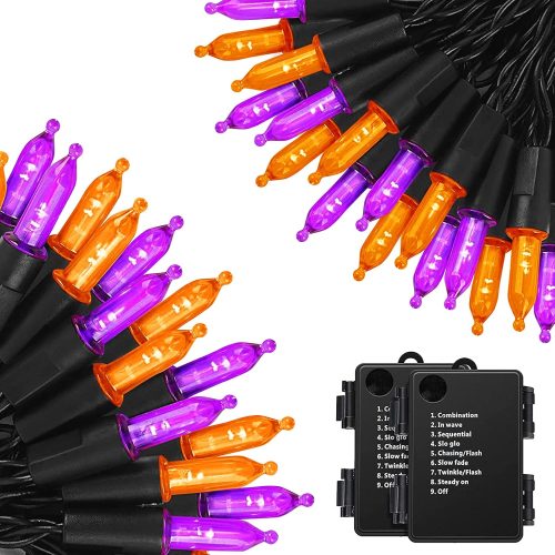 1 Battery Halloween Lights, 2 Pack Total 100 LED 17ft Mini String Light with Auto-Timer 8 Modes Waterproof Tree Lights (Orange&Purple, 50 LEDs x 2 Pack)