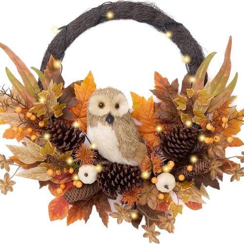 Collapsible Fall Wreaths for Front Door Outside, 24'' Fall Door Wreath with Light Cute Owl for Harvest Decor, Autumn Maple Leaves Decorations for Home Porch Halloween Thanksgiving Decor