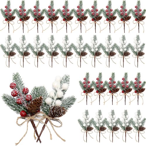 30Pack Artificial Pine Picks, 6inch Flocked Holly Christmas Red and White Berry Picks Stems, Christmas Picks and Sprays Faux Floral Picks with Pinecones for DIY Gift Floral Arrangements