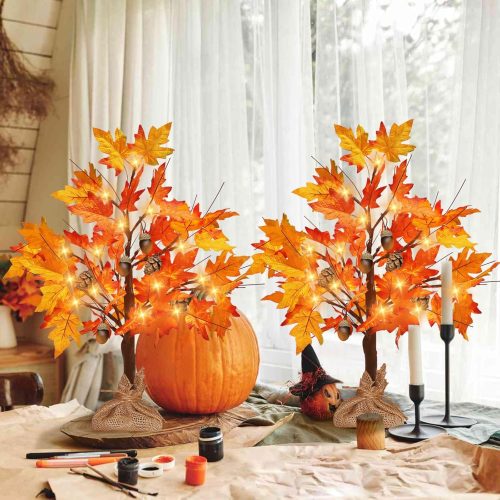 1 Fall Maple Tree Lights, Lighted Fall Tree with Acons Pine Cones, Fall Decor for Home, 24 LED USB/Battery Powered Autumn Tree, Thanksgiving Decorations Table Indoor Harvest Autumn Decor (2 FT, 2Pack)