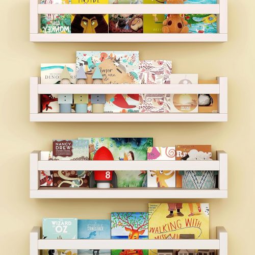 1 Set of 4 Wall-Mounted Kid's Bookshelf - White Floating Nursery Book Shelves - Durable Wood Construction - Ideal for Nursery Decor, Kids Room, Toy Storage