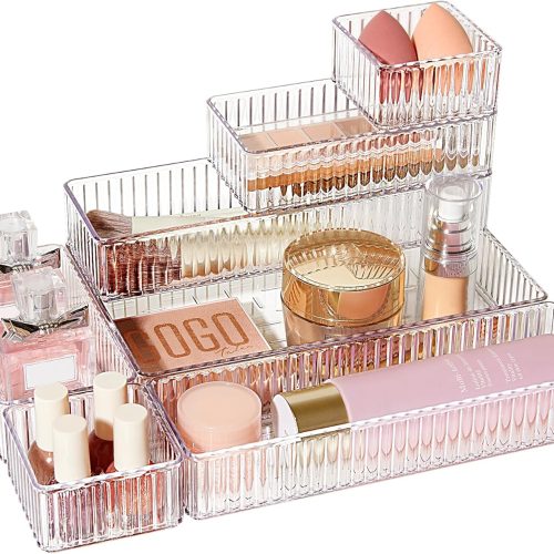 7 PCS Clear Drawer Organizers Bins, 4-Size Stackable Makeup and Vanity Drawer Organizer Trays, Acrylic Bathroom Drawer Storage Containers for Cosmetic, Office Supply, Kitchen Utensils Gadgets