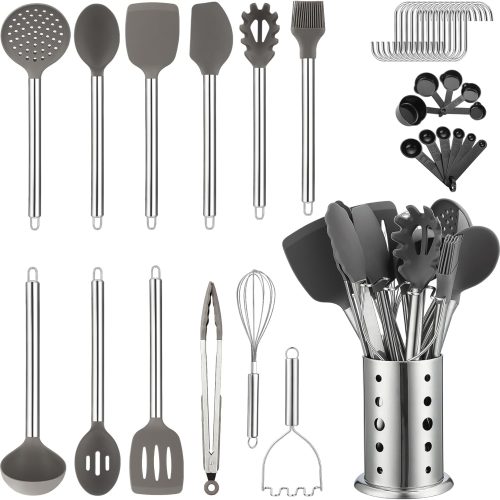 1 Kitchen Utensils Set, Kyraton 38 Pieces Non-Stick Silicone Cooking Utensils Set, Spoon Spatula Set with Sturdy Stainless Steel Utensil Holder, Dishwasher Safe