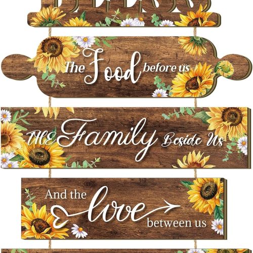Sunflower Kitchen Wall Decor Bless The Food Before Us Sign Farmhouse Wooden Signs Rustic Dining Room Wall Art Country Vintage Hanging Decoration for Home Kitchen Room(Classic Style)