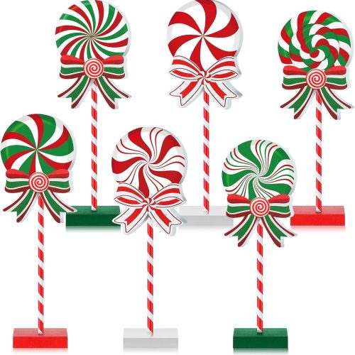 6 Pieces Christmas Candy Wooden Tabletop Decor Candy Cane Tall Standing Wood Block Xmas Cane Table Centerpiece Sign for Christmas Tiered Tray Home Desk Office Party Decoration(Wood,Red, Green, White)