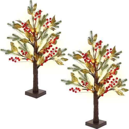 2 Pack Christmas Tree Decoration, Small Trees with Lights for Table, 24″ Pre-lit Artificial Christmas Tree Battery Operated with Red Berries Gold Leaves for Xmas Tabletop Indoor Home Decor
