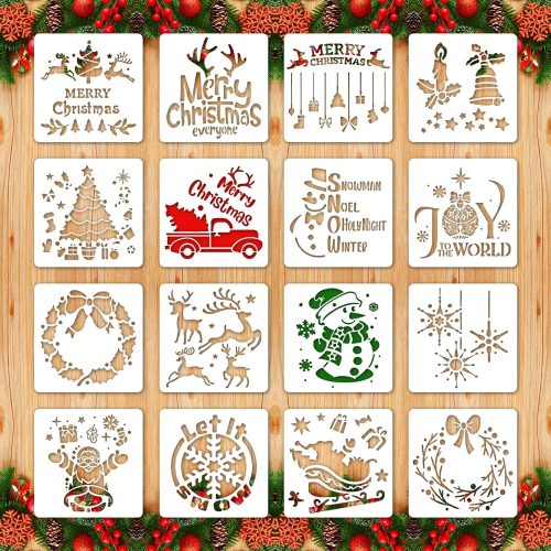 16Pcs Christmas Stencils, Reusable 6” Christmas Holiday Template for Painting on Wood Window Door Wall, Plastic Drawing Painting Spraying Template for Greeting Cards, Xmas Crafts DIY Decor