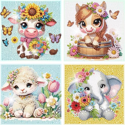 4 Pack Diamond Art Kits for Kids, Cartoon Animals Diamond Painting Kits for Kids Beginners, Kids' Mosaic Kits DIY Full Drill Diamond Dots Painting Picture Arts Craft for Home Wall Decor 6x6 Inch