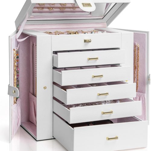 Extra Large 6-Tier Jewelry Box Organizer with Mirror, 5 Drawers Leather Jewelry Storage Case for Women Girls Ring Necklace Earring Bracelet White