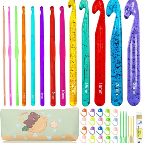 13 Size Crochet Hooks Set,Plastic Crystal Crochet Hook with Case,Large Crochet Hooks for Chunky Yarn Ergonomic Knitting Needles Crochet Needle for Beginners and Crocheting Yarn,3.0mm -25mm