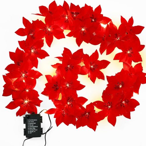 VIHOSE Christmas Poinsettia Garland with Light, 32 ft Artificial Garland with Red Glitter Flowers, Battery Operated Poinsettia String Lights for Xmas New Year Indoor Outdoor Holiday Mantel Home Decor