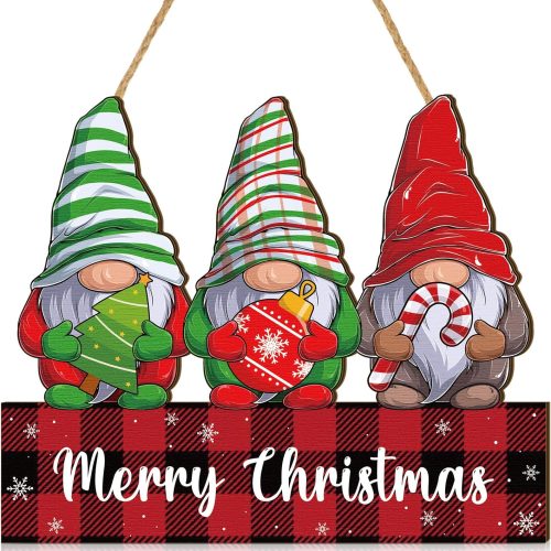 Tradder 1 Set Merry Christmas Door Sign Decor Christmas Welcome Sign Rustic Gnomes Wood Hanging Sign Wooden Holiday Decor for Christmas Winter Porch Home Front Door Yard Wall Indoor Outdoor