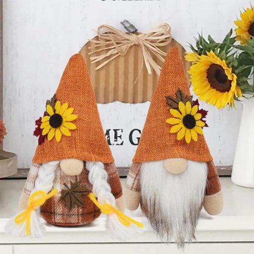 2 PCS Autumn Gnomes Fall Decoration Harvest Thanksgiving Handmade Scandinavian Tomte Tiered Tray Decor Maple Leaf Sunflower Gnome Plush Festival Home Decor