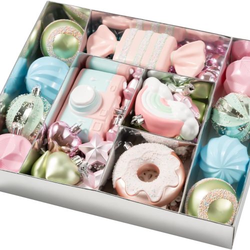 58PCS Pastel Christmas Ornaments Set, Assorted Colorful Candy Doughnut Christmas Balls Ornaments, Shatterproof Macaron Xmas Baubles Hanging Decorations for Christmas Tree/Party/Holiday (Style 2)