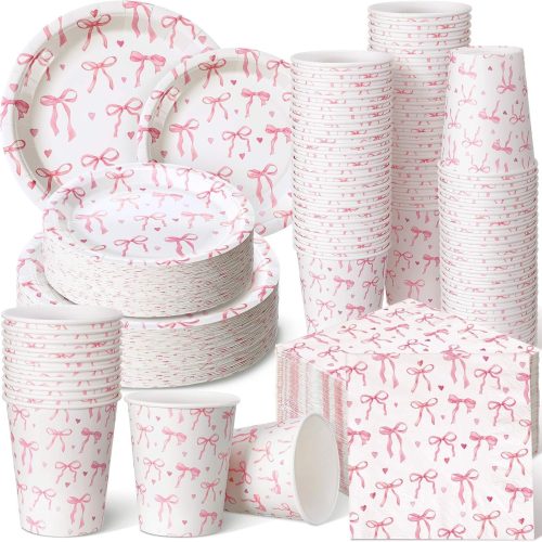 Pickmesh 250 Pcs Little Girl Birthday Decorations Bow Plates Napkins and Cups Pink Coquette Birthday Party Decoration Baby Bridal Shower Dinnerware Set Serve 50 Disposable Tableware for Wedding