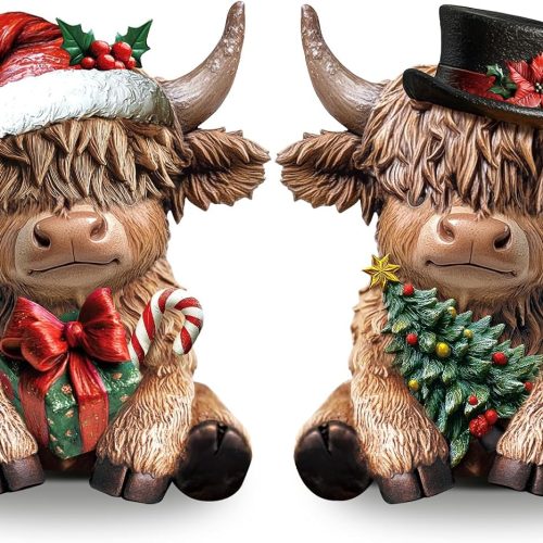 Karenhi 2 Pcs Highland Cow Figurines Christmas Poinsettia Candy Cane Tree Highland Cow Gnomes Scottish Resin Statue Calf Lovers Gifts for Xmas Home Garden Kitchen Office Tiered Tray Table Decor