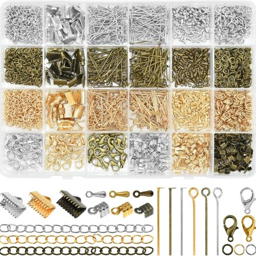 Jewelry Making DIY Kit Accessories, Jewelry Repair Tool Set with Ribbon Crimp Ends, Lobster Clasps, Head Pins, Eye Pins, Jump Rings, Extender Chain, Teardrop Dangle End Beads, Cord Crimp End Tips