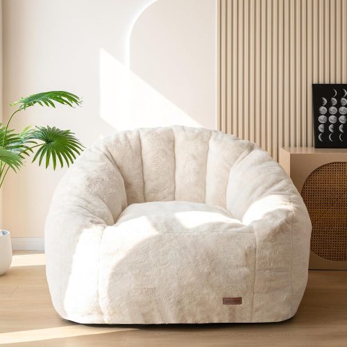 1 Giant Bean Bag Chair, Oversized Bean Bag Couch for Adults and Kids, Faux Fur Shell-Shaped Large Chair with Filler, Stuffed Big Accent Sofa Lounge Floor Sofa for Gaming, Reading, Beige