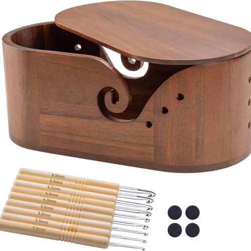 Oval Wooden Yarn Bowl for Crocheting, Large Crochet Yarn Holder, Handmade Crochet Bowls with Lid and 9pcs Knitting Hooks, Yarn Storage Organizer for Crocheting and Knitting Lovers