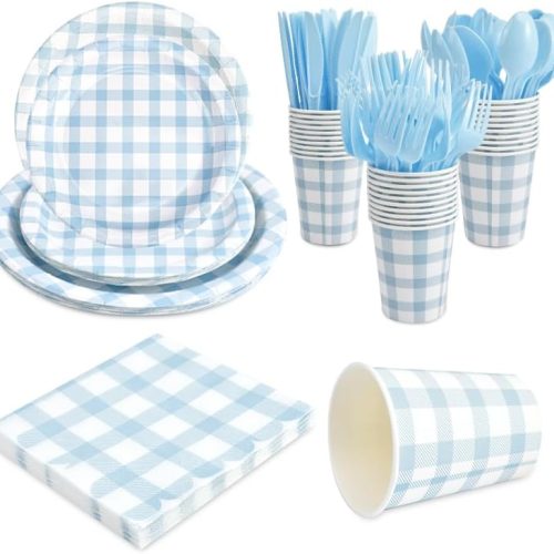 168Pcs Gingham Party Supplies for 24 Guests Thick Paper Plates and Napkins Knives Spoons Forks Cups Disposable Party Set Cutlery for Dinner Baby Shower Wedding Favor(Blue)
