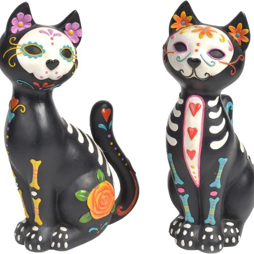Newman House Studio Sugar-Skull Halloween-Decorations - Day-of Dead-Figurines Floral Cats Couple-Decor Dia de Los Muertos Black Kitten Collectibles Set of 2, 6.3L x 4.0W x 10.2H inch