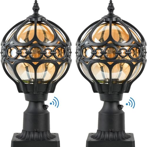 2 Pack Dusk to Dawn Outdoor Posts Light for Lawn Walkway Fence House, Globe Outside Lamp Post Light, Pier Mount Sphere Lighting, Exterior Waterproof Football Pole Lantern Light Fixture