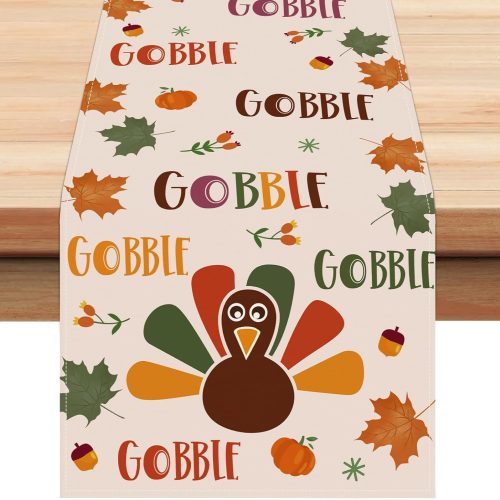 Bonhause Gobble Turkey Thanksgiving Table Runner 13x72 Inch Fall Autumn Maple Leaves Harvest Kitchen Dinning Table Decoration for Indoor Outdoor Home Party Decor