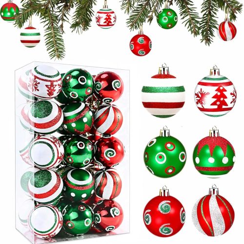Christmas Balls Ornaments, 30ct 2.36 Inch Plastic Christmas Tree Ornaments, Red, Green, White Shatterproof Decorative Baubles for Xmas Holiday Party Decor