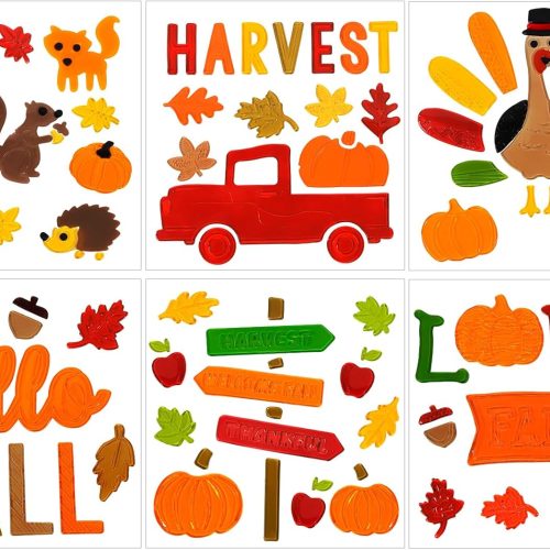 JOICEE 6pcs Fall Gel Window Clings, Thanksgiving Pumpkin Turkey Maple Leaf Harvest Window Clings Sticker for Fall Window Decors