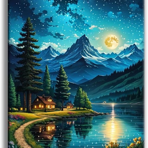 Offito Mountains Moon Lake Diamond Art Kits for Adults, Lakeside Villages Diamond Painting Kits for Beginners, Starry Sky Landscape DIY Full Drill Dots Gem Art Paint for Home Wall Decor 12 x 16 Inch