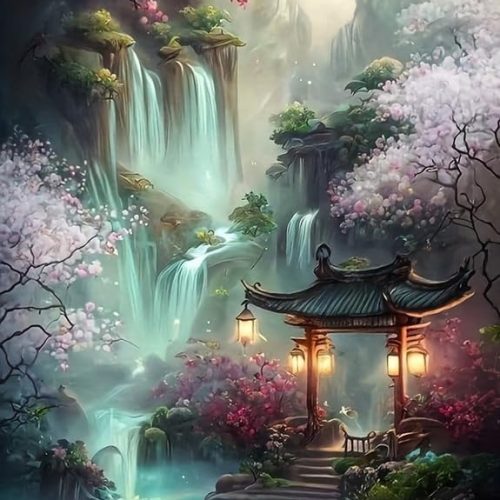 Semneroy Waterfall Landscape Diamond Art Kits for Adult,Flower Gazebo Diamond Painting Kits,Full Drill Paint with Diamond Dot Gem Art Painting for Home Decor 12x16 inch
