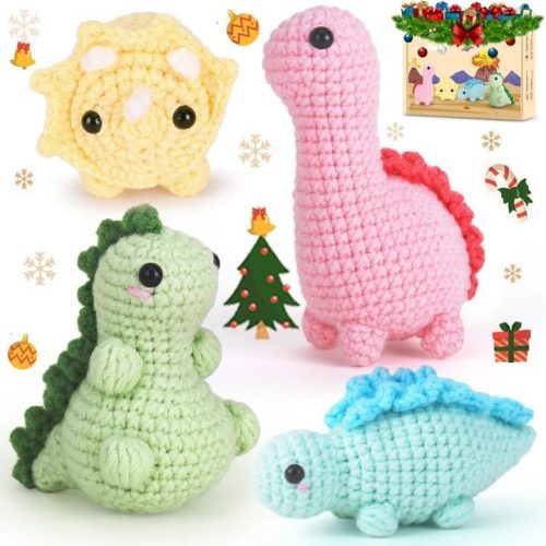 Crochet Kit for Beginners, Beginner Crochet Kit for Adults with Step-by-Step Video Tutorials, DIY Crochet Animal Kits Kids Knitting Supplies, 4 Pack Dinosaurs (40%+ Yarn)