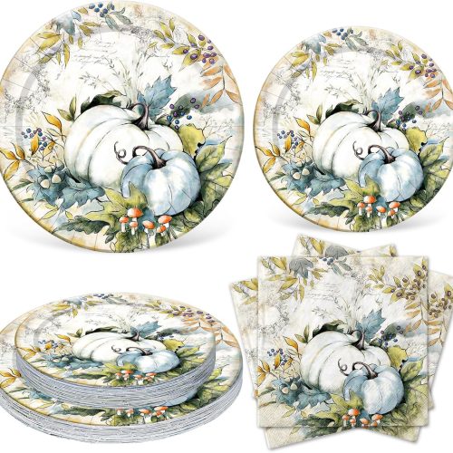 Whaline 72Pcs Fall Thanksgiving Plates and Napkins Watercolor Blue Pumpkin Paper Plates and Napkins Sets for Autumn Harvest Thanksgiving Dinner Party Supplies, Serves 24