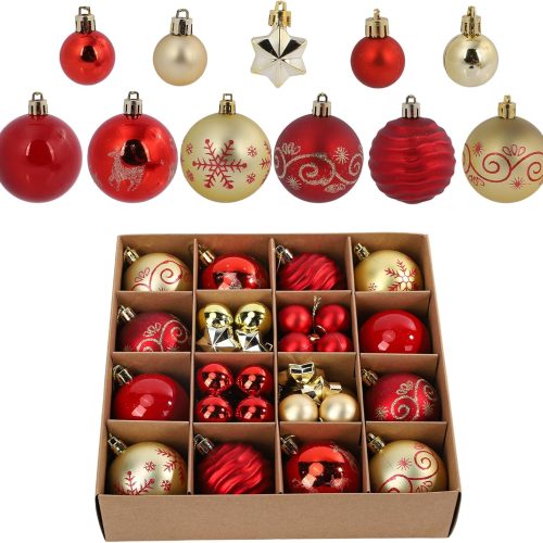 44Pcs Christmas Ball Gold and Red Christmas Ornaments Set for Garden Backyard Holiday Wedding Party Decor with 12 pcs 2.36” Large and 32 pcs 1.18” Mini Christmas Decorations Ornaments Bulk Balls