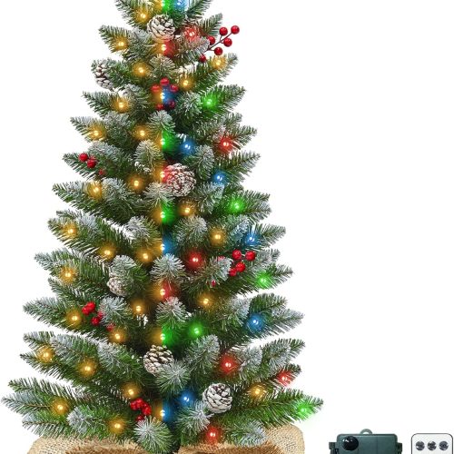 Remote Control - 3 Ft Artificial Mini Christmas Tree, Tabletop Christmas Tree with 50 Warm White & Colorful Lights Timer Battery Operated 110 Branches 12 Pinecones 84 Red Berry Burlap Base Xmas Decor