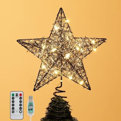 Christmas Star Tree Topper with 8 Lighting Modes, USB Christmas Star Treetop with Timer Decorative Light with Silver Strip, 20 LED Light Xmas Tree Top Decor for Home Indoor Outdoor, Black