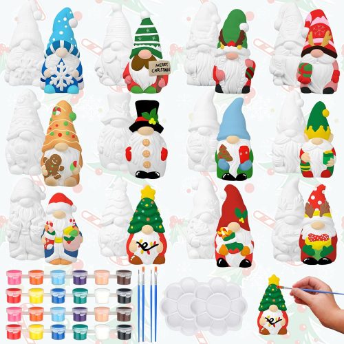 12 Sets Ceramic to Paint Winter Christmas Ready to Paint Your Own Ceramic DIY Paintable Figurine Unpainted Statue Kit Craft Project with Brush Palette for Adults Party Favor(Gnome)