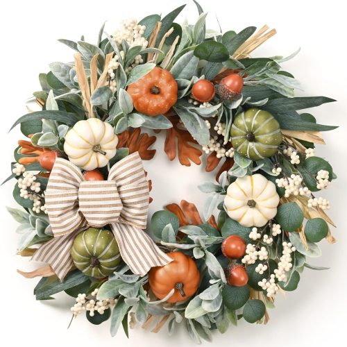 22in Fall Wreaths for Front Door Outside, Fall Decorations for Home, Large Autumn Wreath with Bow Pumpkin Thanksgiving Halloween Farmhouse Outdoor Porch Table Kitchen Indoor Harvest Decor