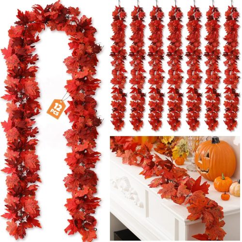 Janinka 12 Pack Fall Maple Leave Garland 5.7 ft Artificial Maple Leaves Autumn Garland Hanging Fall Vines Table Decoration for Home Thanksgiving Harvest Fireplace Mantel Porch Indoor Outdoor(Red)