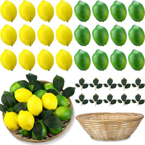 24 Pcs Fake Lemon Limes Artificial Fruits Yellow Green Faux Lemon Limes 3" x 2" Mix Set with 10 Leaves and 1 Woven Basket Lifelike Fake Fruits Decor for Kitchen Party Table Photo Prop