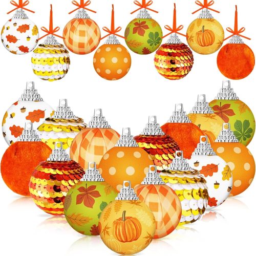 Riceshoot 24 Pcs Thanksgiving Ornaments for Tree Pumpkin Tree Decorations Sequin Ball Ornaments Maple Leaves Hanging Ball Decor Fall Home Decorations for Autumn Thanksgiving Harvest Party Supplies
