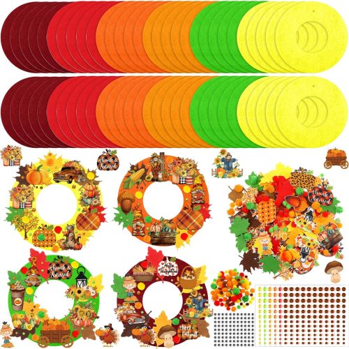 470 Pcs Thanksgiving Craft Kits Fall DIY Wreath Craft Kit Thanksgiving Decorations with Pumpkin Maple Leaf Turkey Stickers for Home Indoor Activities(6 Color Wreath,Fresh)