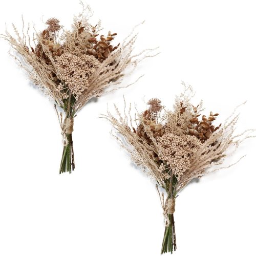 2 Pack Boho Artificial Flowers Plants Bouquet Decoration 13.8inch, Fake Plastic Brown Eucalyptus and Beige Grasses, Faux Floral Arrangement for Wedding Centerpieces Party Home Fall Decor